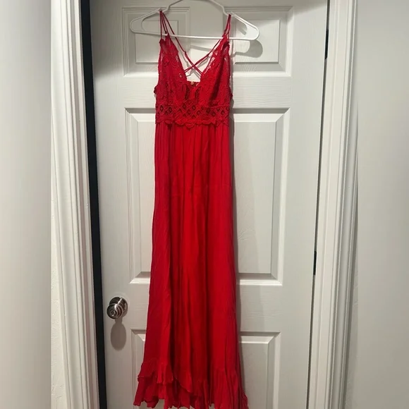strapless open back dress Esme Plunge Satin Maxi Dress - Red main image 1